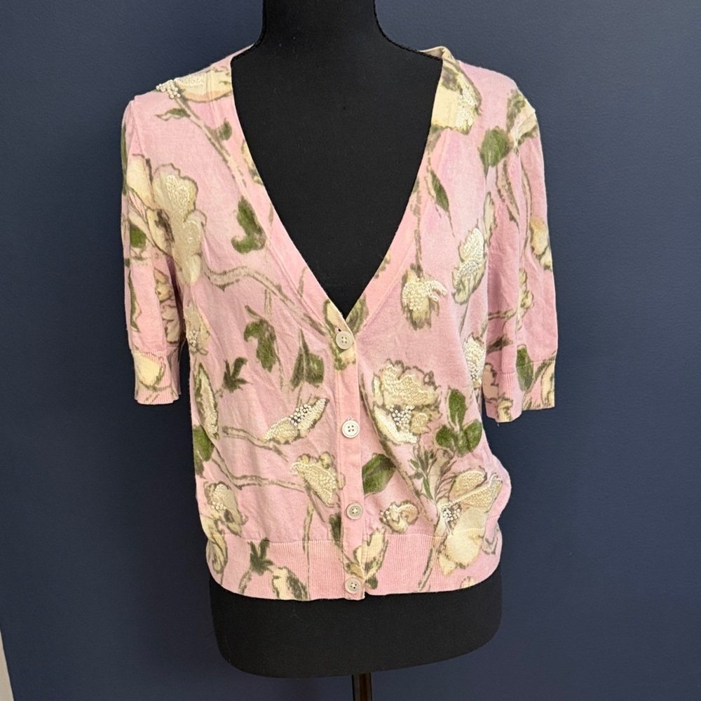 Talbots Floral Beaded Cardigan Pink Short Sleeve Sweater Size M